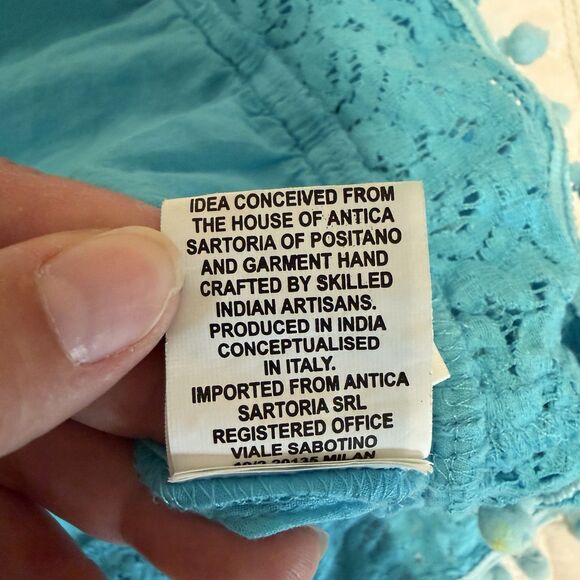 Antica Sartoria By Giacomo Cinque Blouse Size 12 Blue Lace Pom Poms Ruffle Swing - Picture 11 of 14